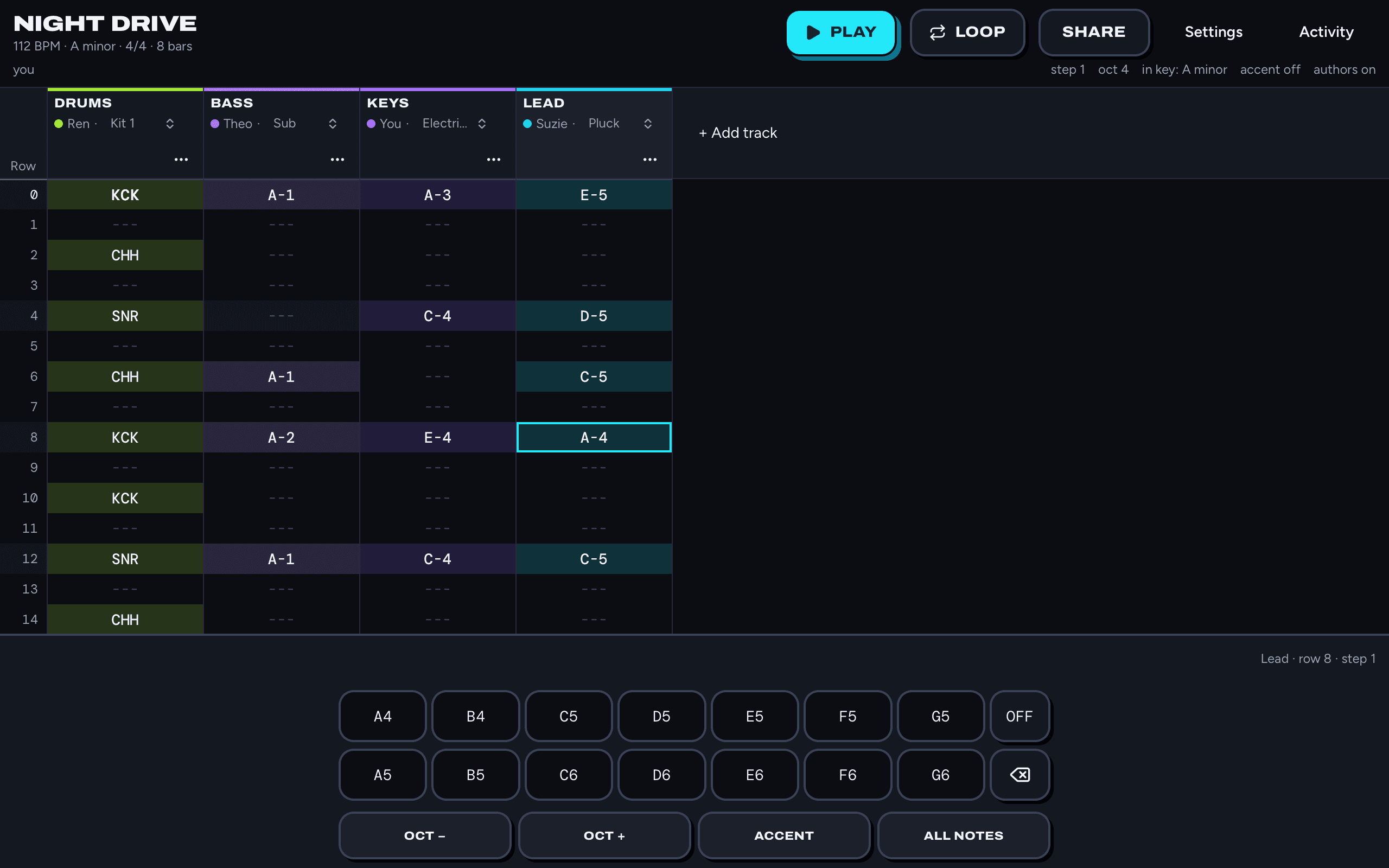 The LastTrack tracker on a computer: four columns named Drums, Bass, Keys and Lead, with numbered rows and notes such as KCK, A-1 and C-4.