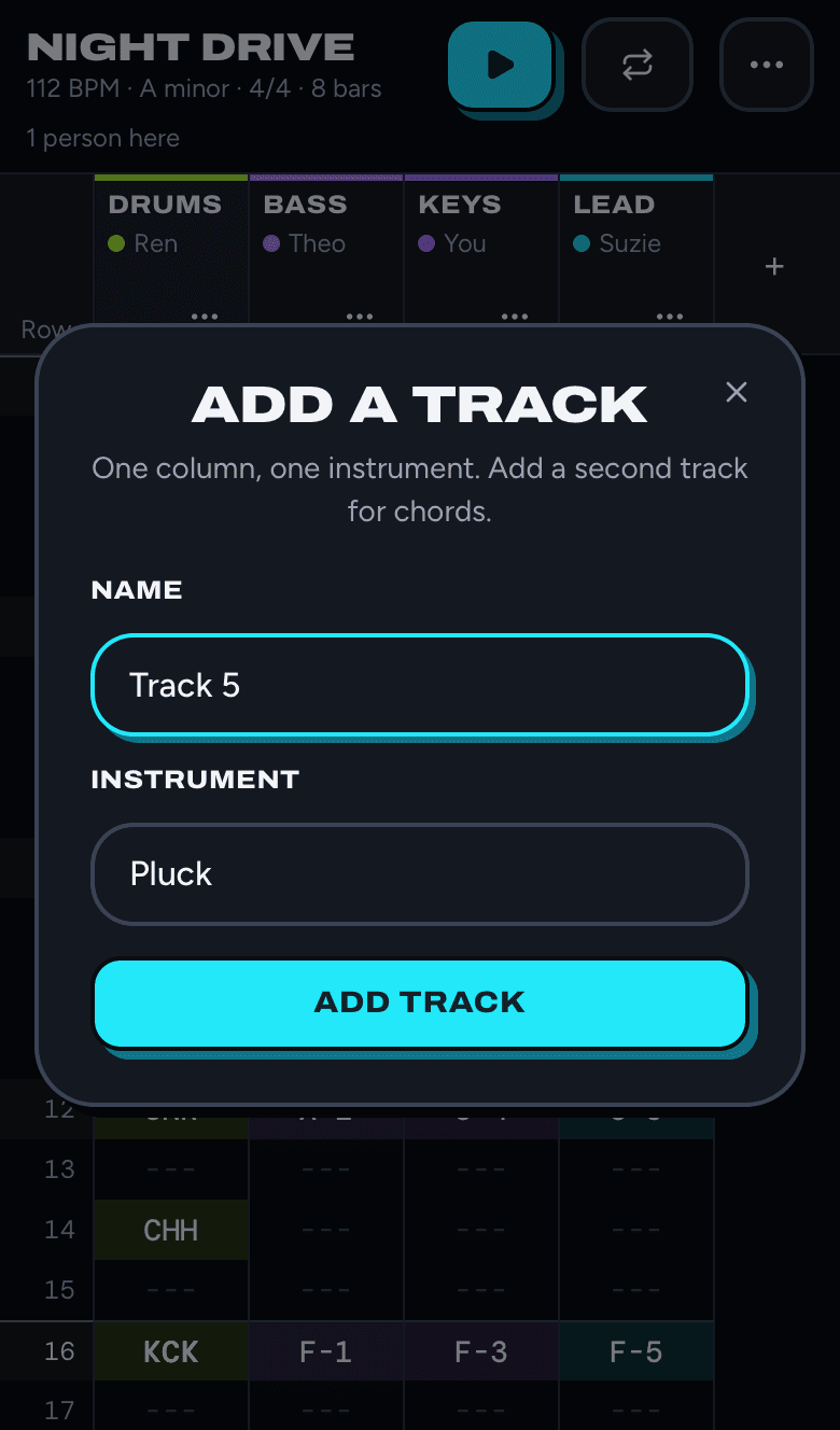 The Add a track dialog with a Name field set to Track 5, an Instrument menu set to Pluck, and an Add track button.