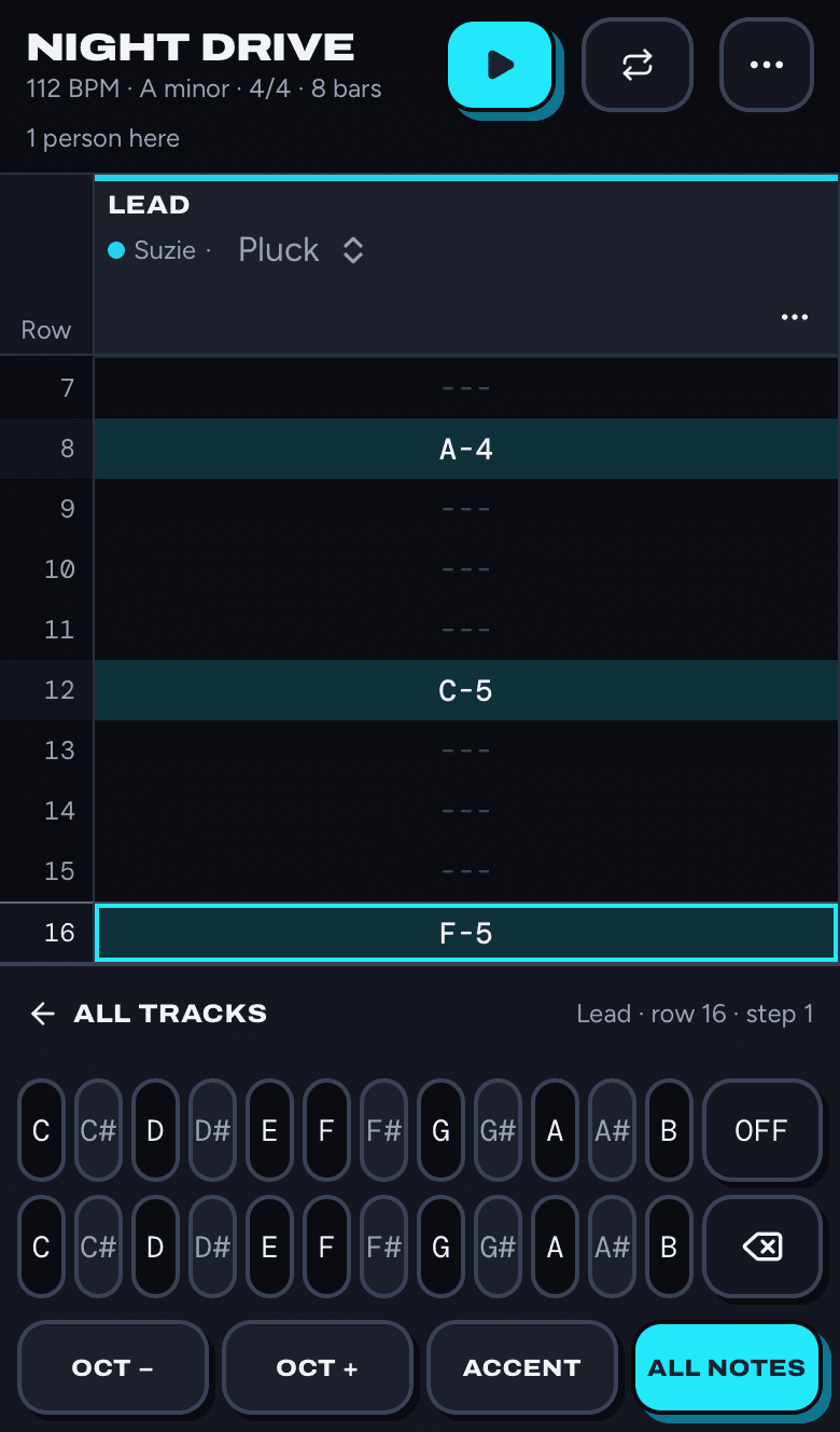 The keypad with ALL NOTES turned on, showing C to B including sharps.