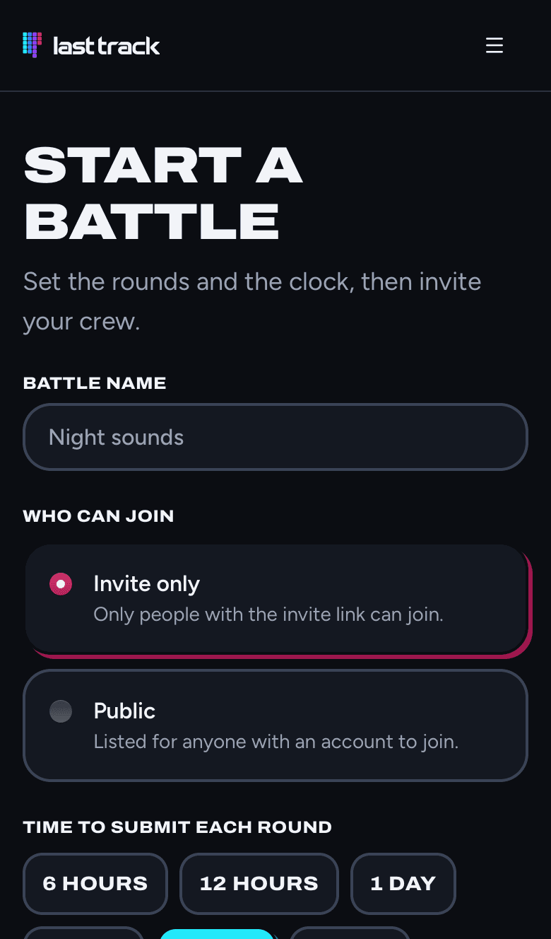 The Start a battle page with a Battle name field, Who can join set to Invite only or Public, and choices for the time to submit each round.