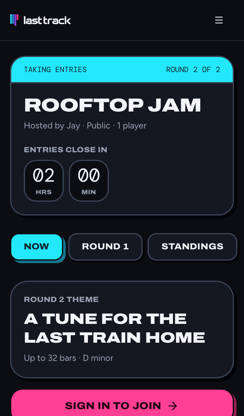 A battle page for Rooftop Jam: Taking entries, Round 2 of 2, a countdown that says entries close in 2 hours, tabs for Now, Round 1 and Standings, the round theme, and a Sign in to join button.
