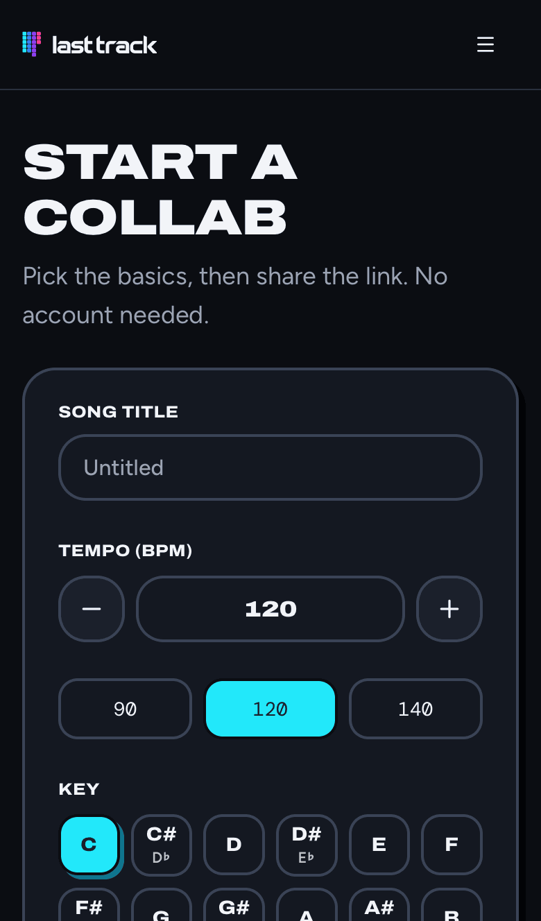 The Start a collab page with fields for Song title, Tempo, Key and Major or minor.