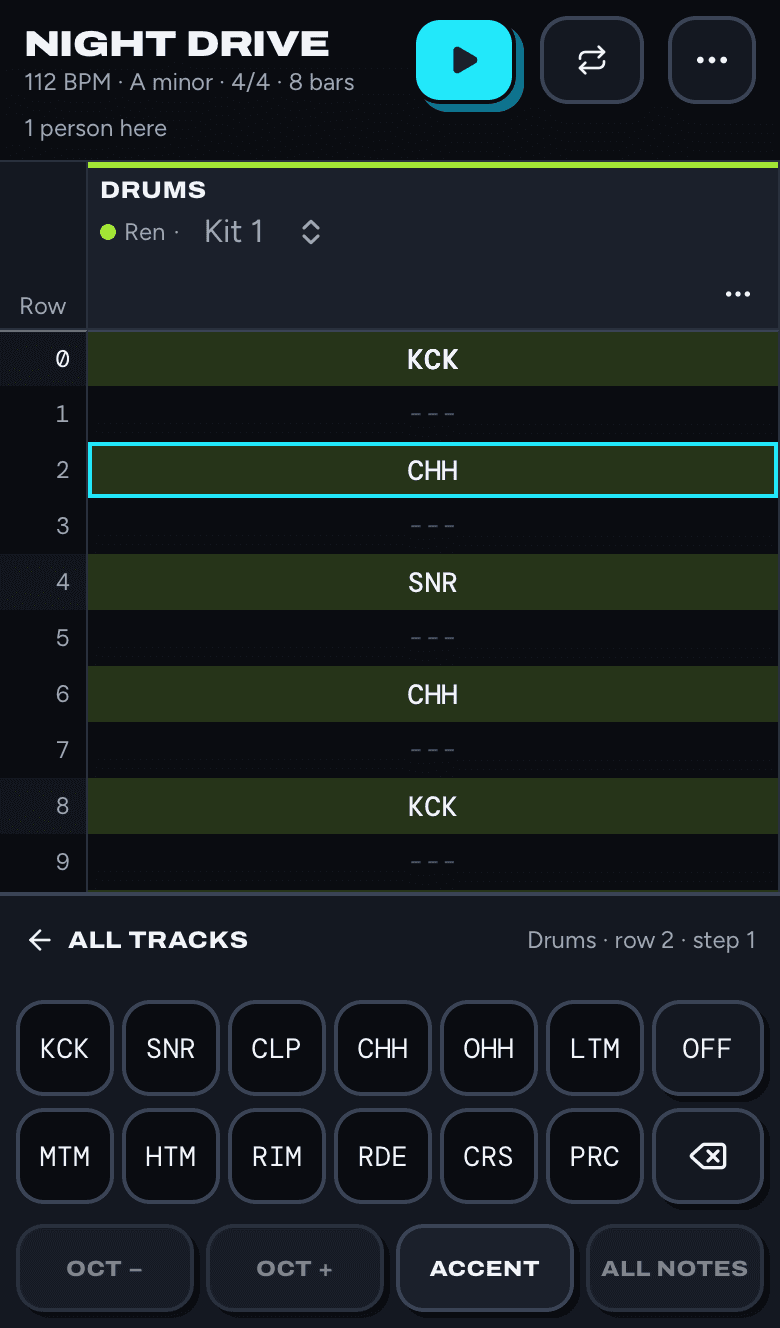 A drum track zoomed in, with a keypad of drum sounds: KCK, SNR, CLP, CHH, OHH, LTM, MTM, HTM, RIM, RDE, CRS and PRC.