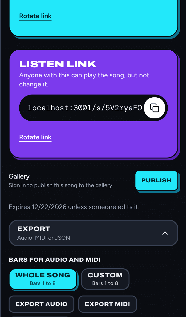 The Export section of the Share panel: choose Whole song, Loop or Custom bars, then Export audio, Export MIDI or Export JSON.