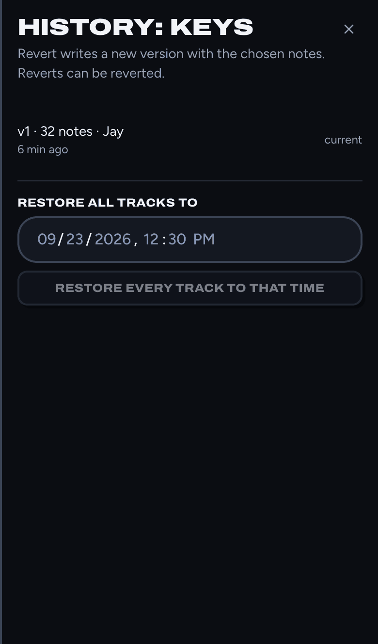 History for the Keys track, showing version 1 with 32 notes by Jay, and an owner-only section to restore all tracks to a date and time.