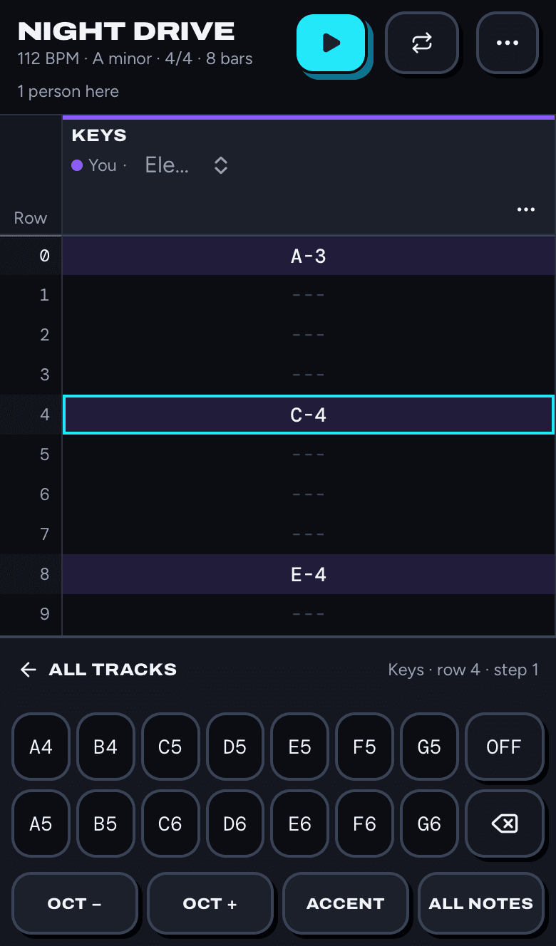 LastTrack on a phone: the Keys track zoomed in, with a keypad of notes in A minor underneath.