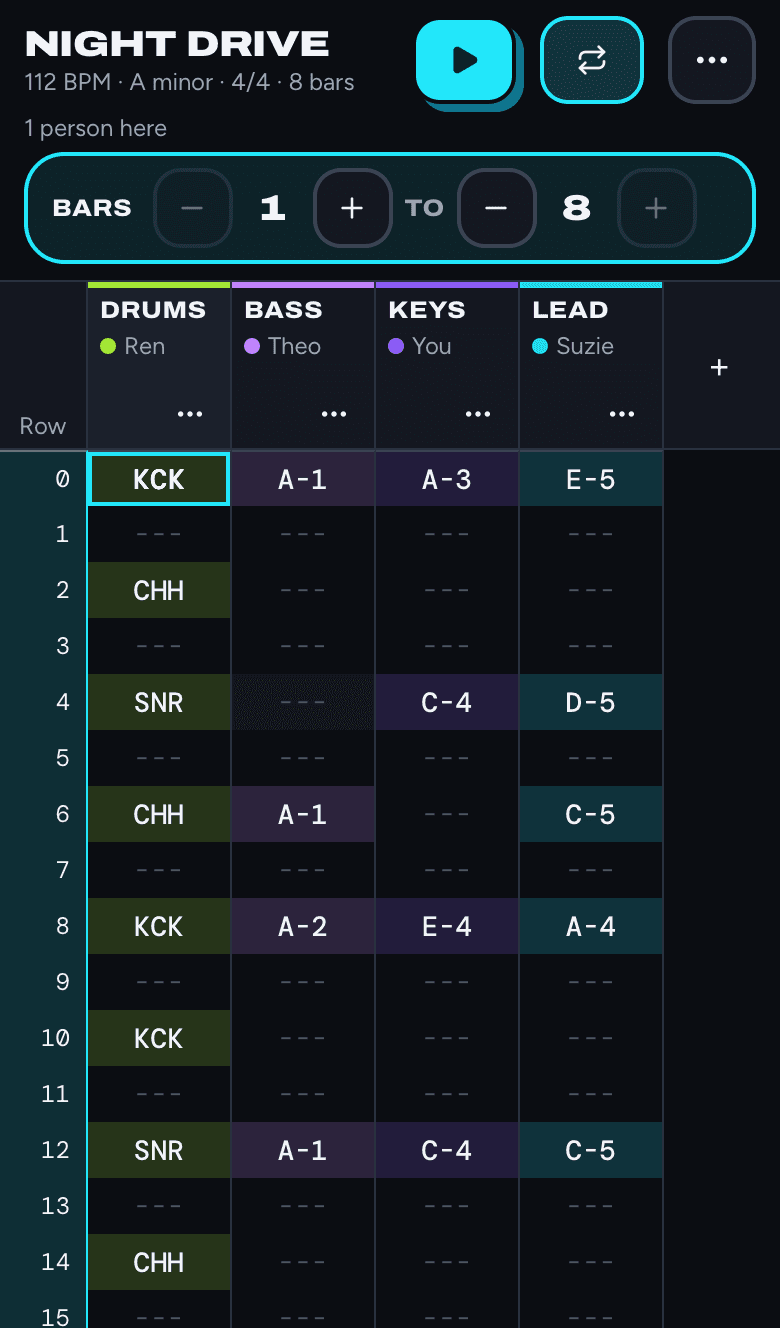 Loop turned on, with a bar showing Bars 1 to 8 and minus and plus buttons for each end.