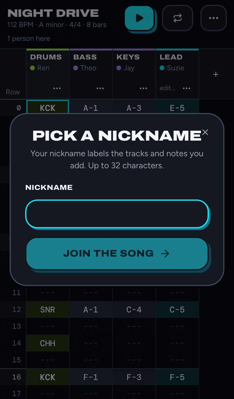 A dialog titled Pick a nickname, with a Nickname field and a Join the song button.