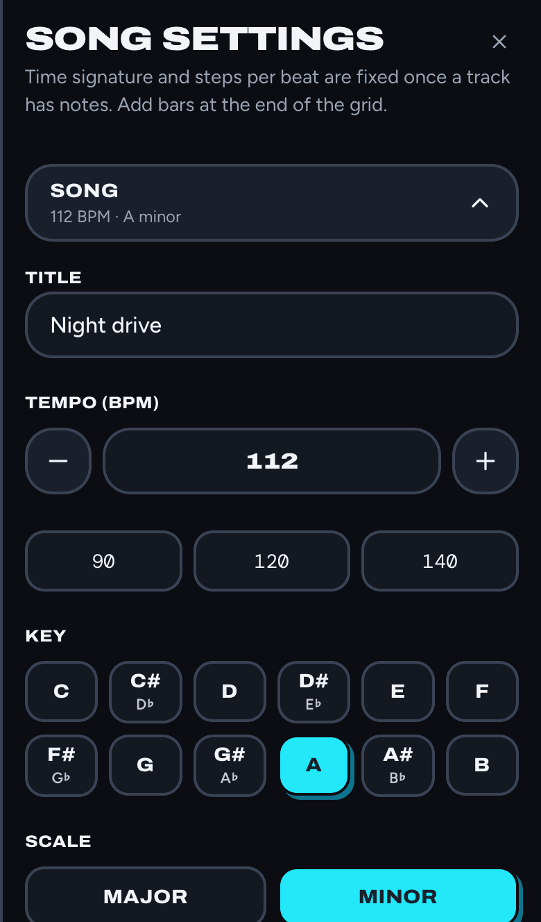 Song settings: Title, Tempo with minus and plus buttons and presets 90, 120 and 140, Key buttons from C to B, and Scale set to Minor.