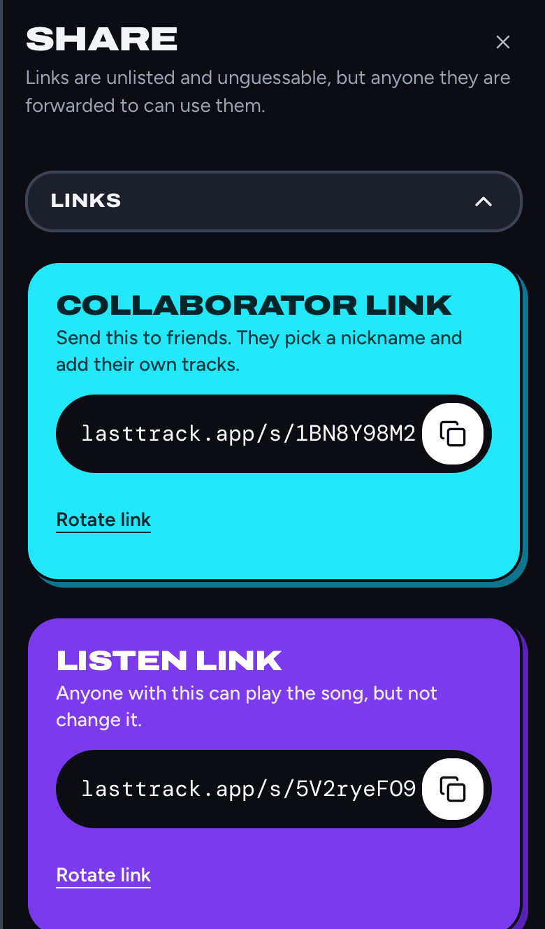 The Share panel with a Collaborator link box and a Listen link box, each with a copy button and a Rotate link option.