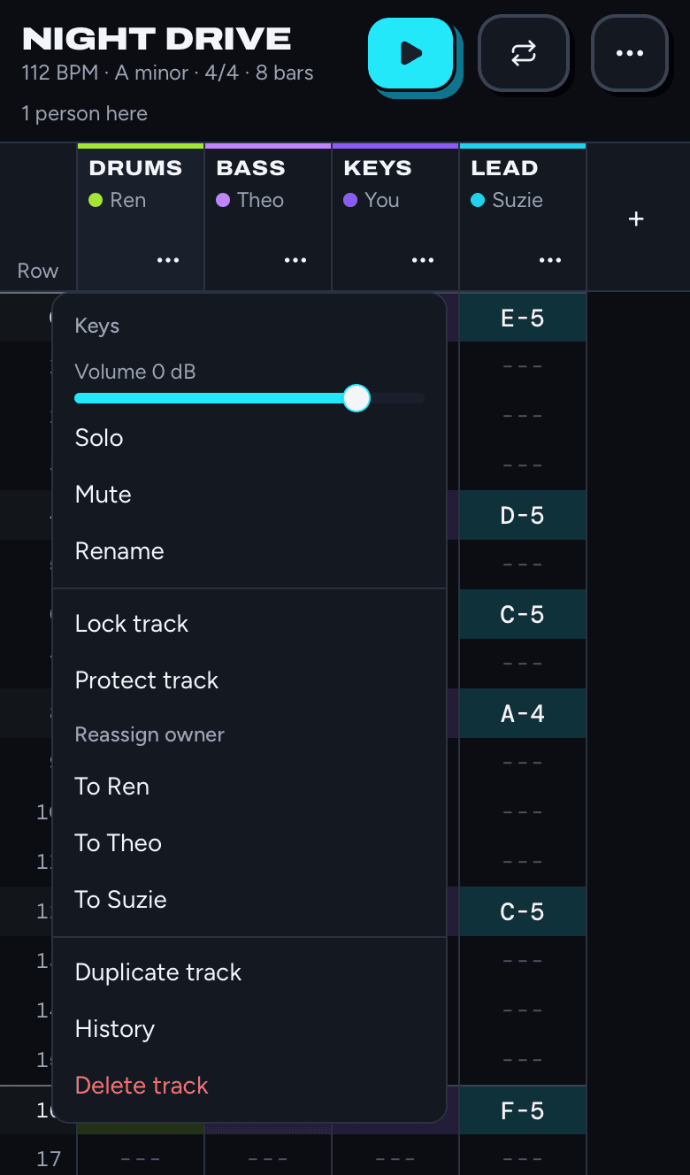 The track menu for Keys: a volume slider, Solo, Mute, Rename, Lock track, Protect track, Reassign owner to Ren, Theo or Suzie, Duplicate track, History and Delete track.