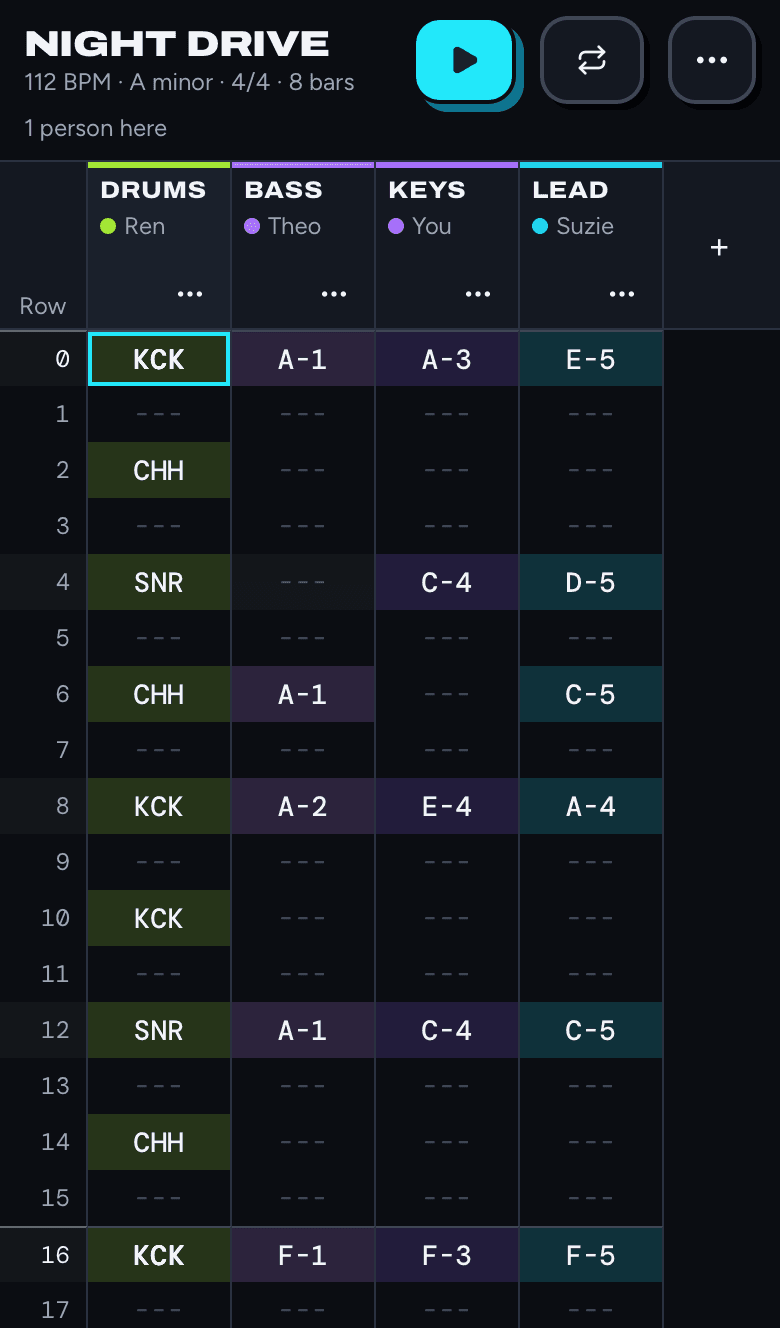 The tracker on a phone: the song title and tempo at the top, play, loop and more buttons, then four track columns with numbered rows.